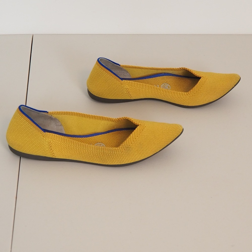 Rothys The Point Pointed Toe Ballet Flats Women's Sz 6 Yellow Marigold Blue Trim - Picture 3 of 10